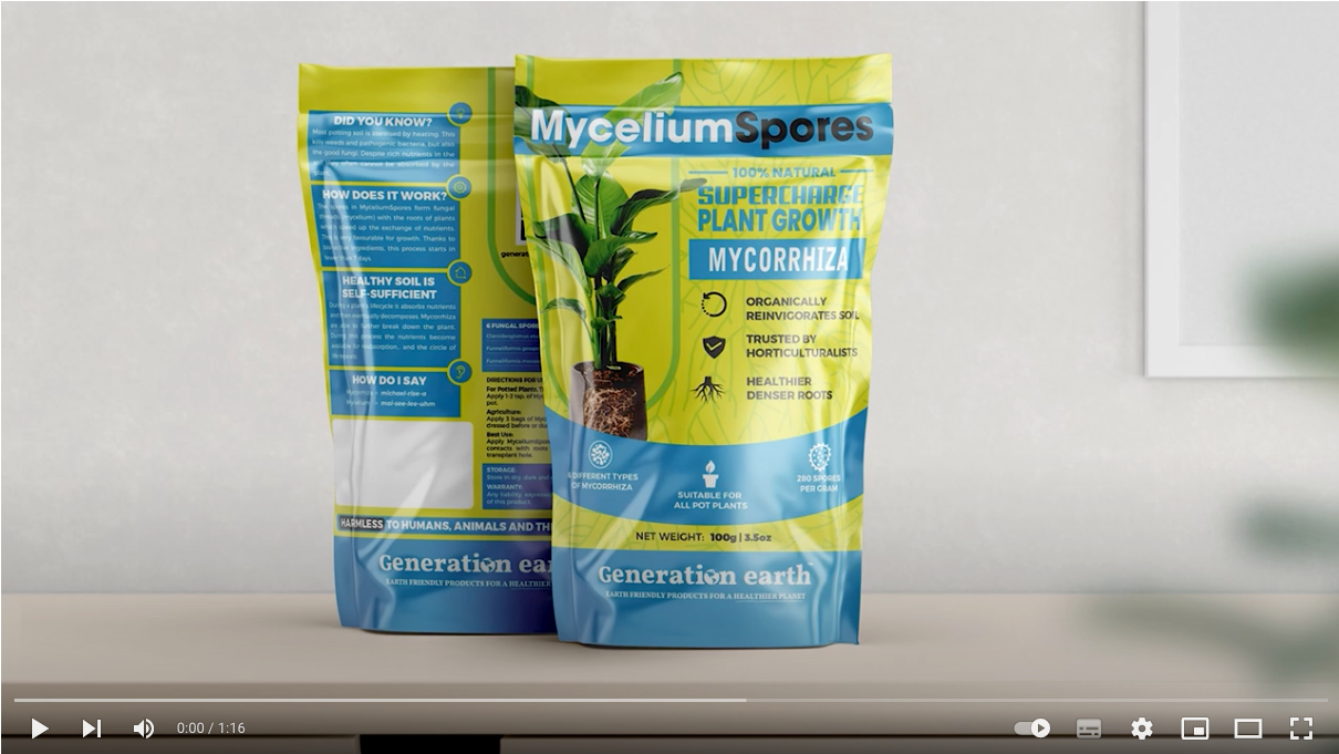 Load video: Close-up of MyceliumSpores product packaging, showing six different types of mycorrhiza and text describing the product&#39;s benefits for plant growth. A hand reaches in to hold the packaging. The video then shows a potted plant being watered, followed by a close-up shot of a MyceliumSpores spore. The spore is then shown forming a fungal thread with the roots of the plant, with text explaining how this speeds up the exchange of nutrients. The video ends with a shot of the MyceliumSpores packaging and text directing viewers to the Generation Earth website to learn more and purchase the product.